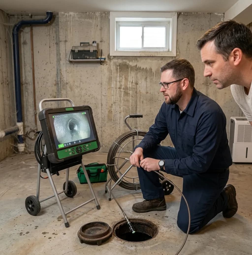Frank Menkel showing a homeowner the sewer camera footage on the monitor